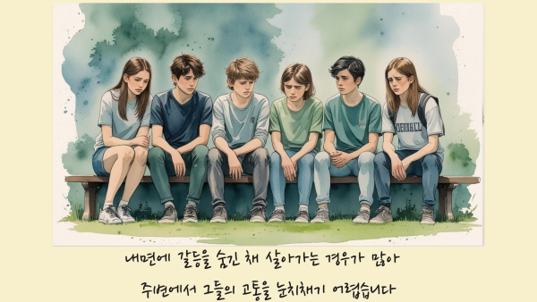 내면에 갈등을 숨긴 채 살아가는 경우가 많아 주변에서 그들의 고통을 눈치채기 어렵습니다에 관한 그림