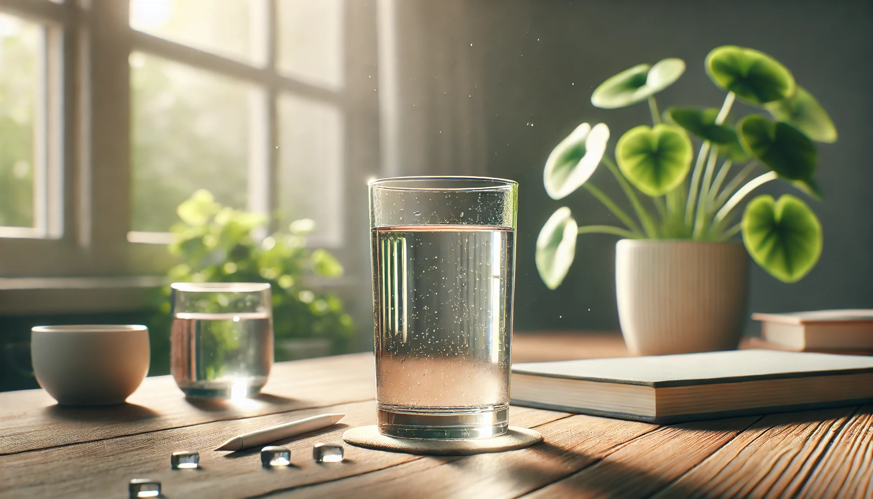 테이블 위 컵에 물이 담겨 있는 사진
