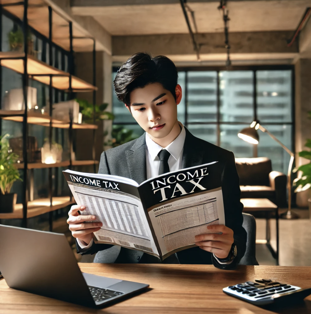소득세 안내서를 읽는 전문가