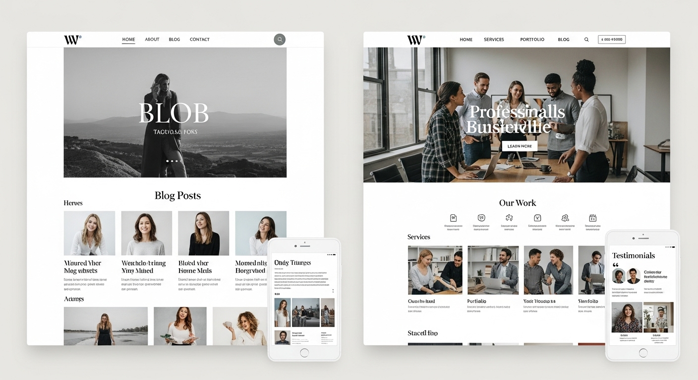 다양한 워드프레스 테마의 유연한 디자인을 보여주는 분할 화면 이미지, 블로그와 비즈니스 사이트의 예시.