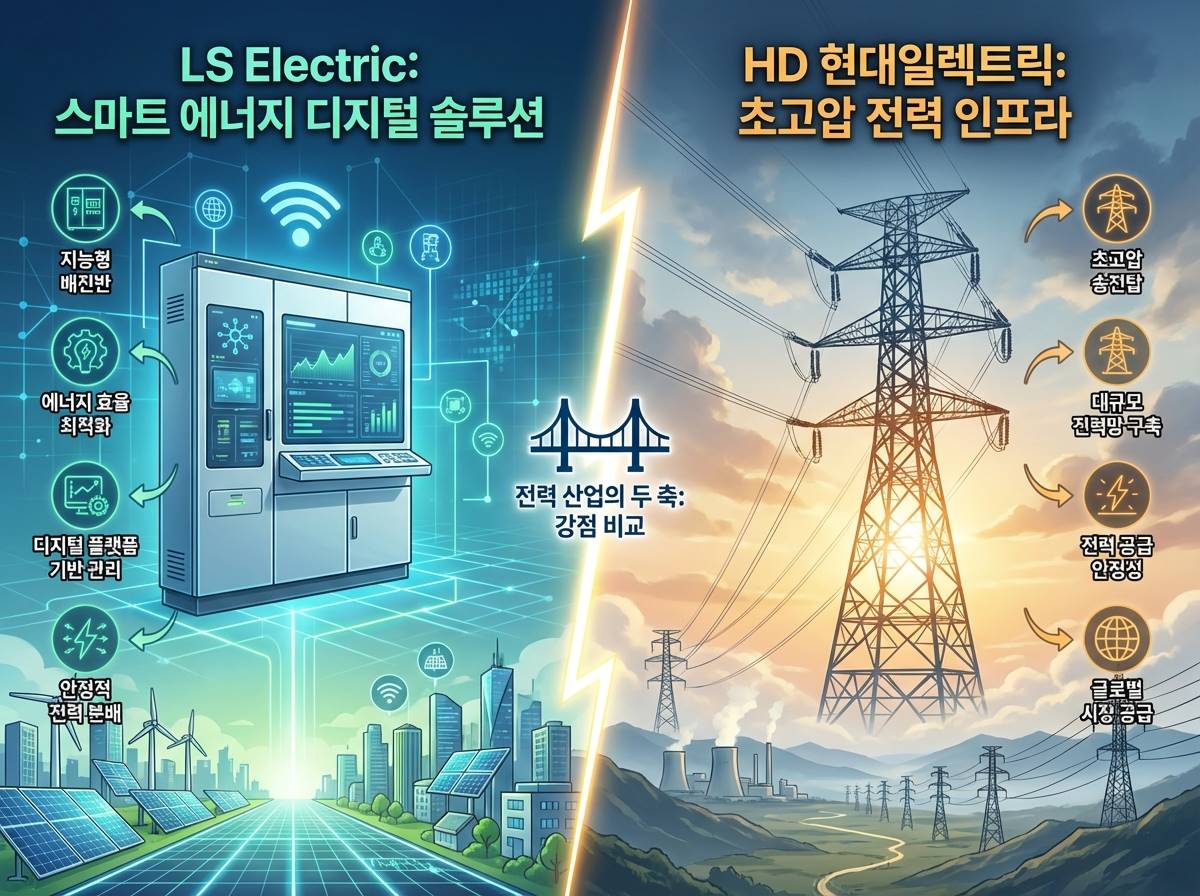 두 기업의 강점을 상징하는 초고압 타워와 스마트 배전반이 양옆에 배치된 비교 인포그래픽