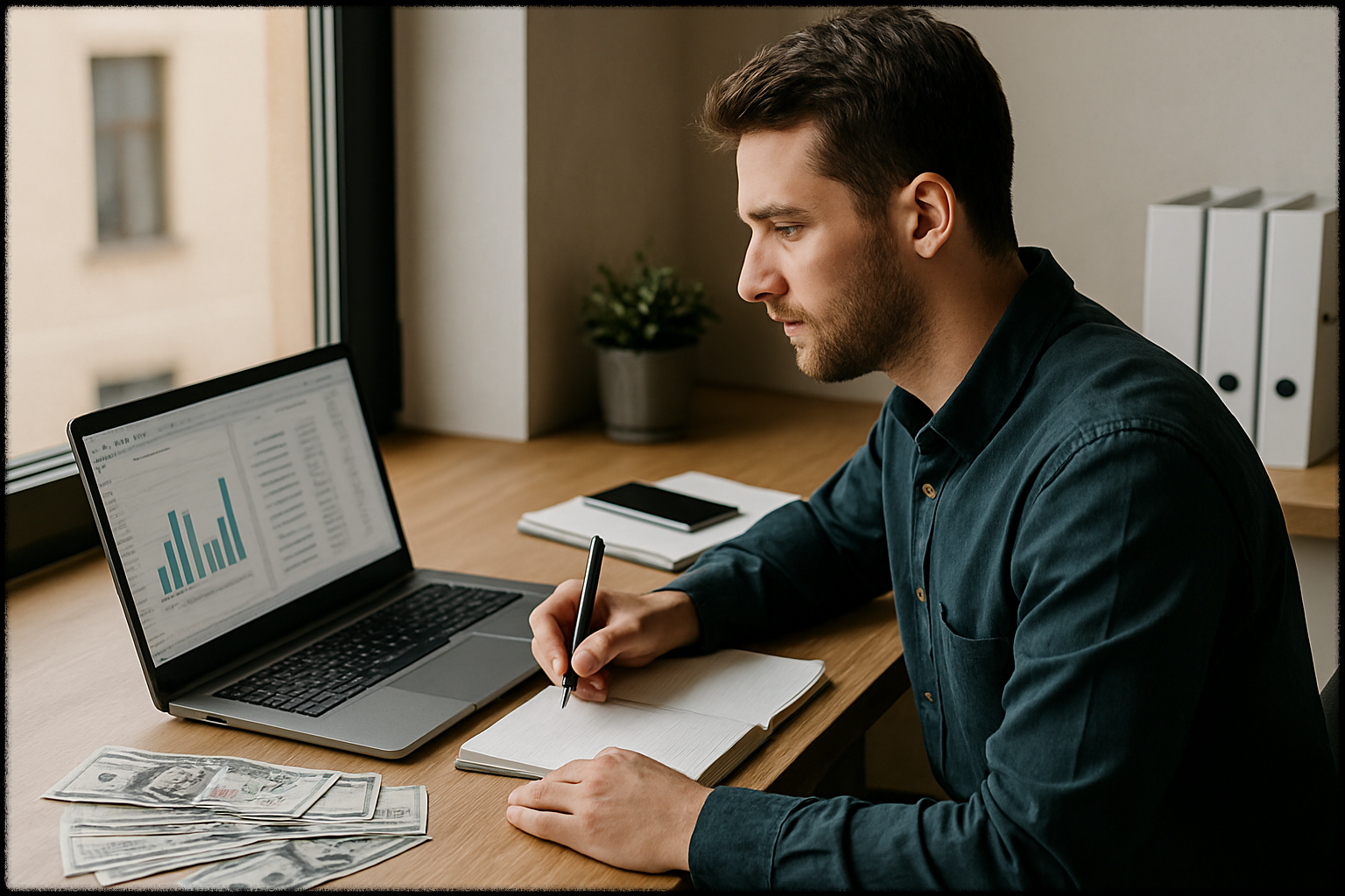 리셀 부업 전략을 구상하는 남성의 이미지