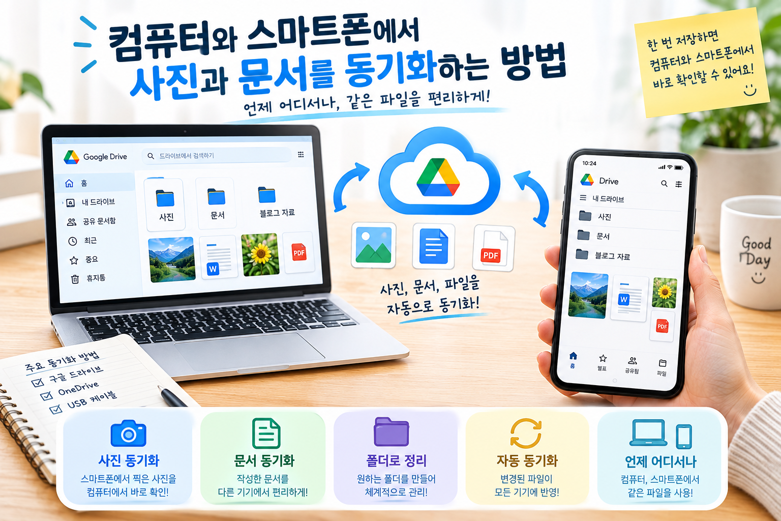 컴퓨터와 스마트폰에서 사진과 문서를 동기화하는 방법