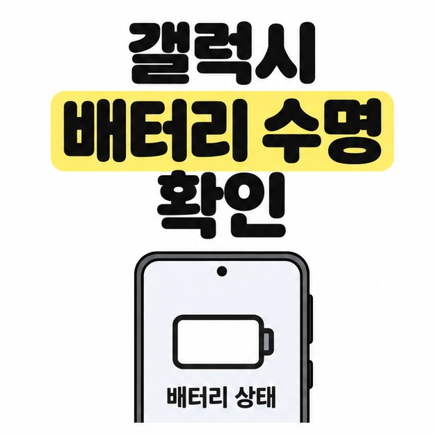 갤럭시 배터리 수명 확인이라는 제목 아래 배터리 윤곽과 배터리 상태 문구가 있는 스마트폰을 그린 대표 이미지
