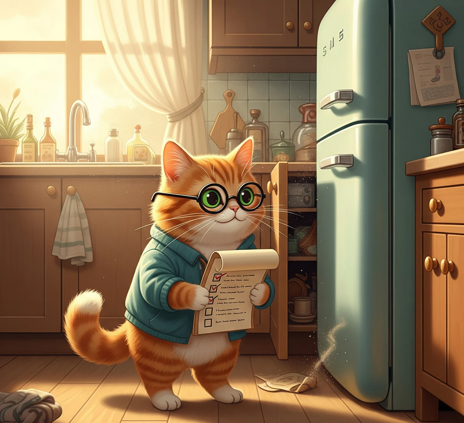 집안 청소 상태를 점검하는 고양이 그림, Illustration of a cat checking the cleaning status of the house