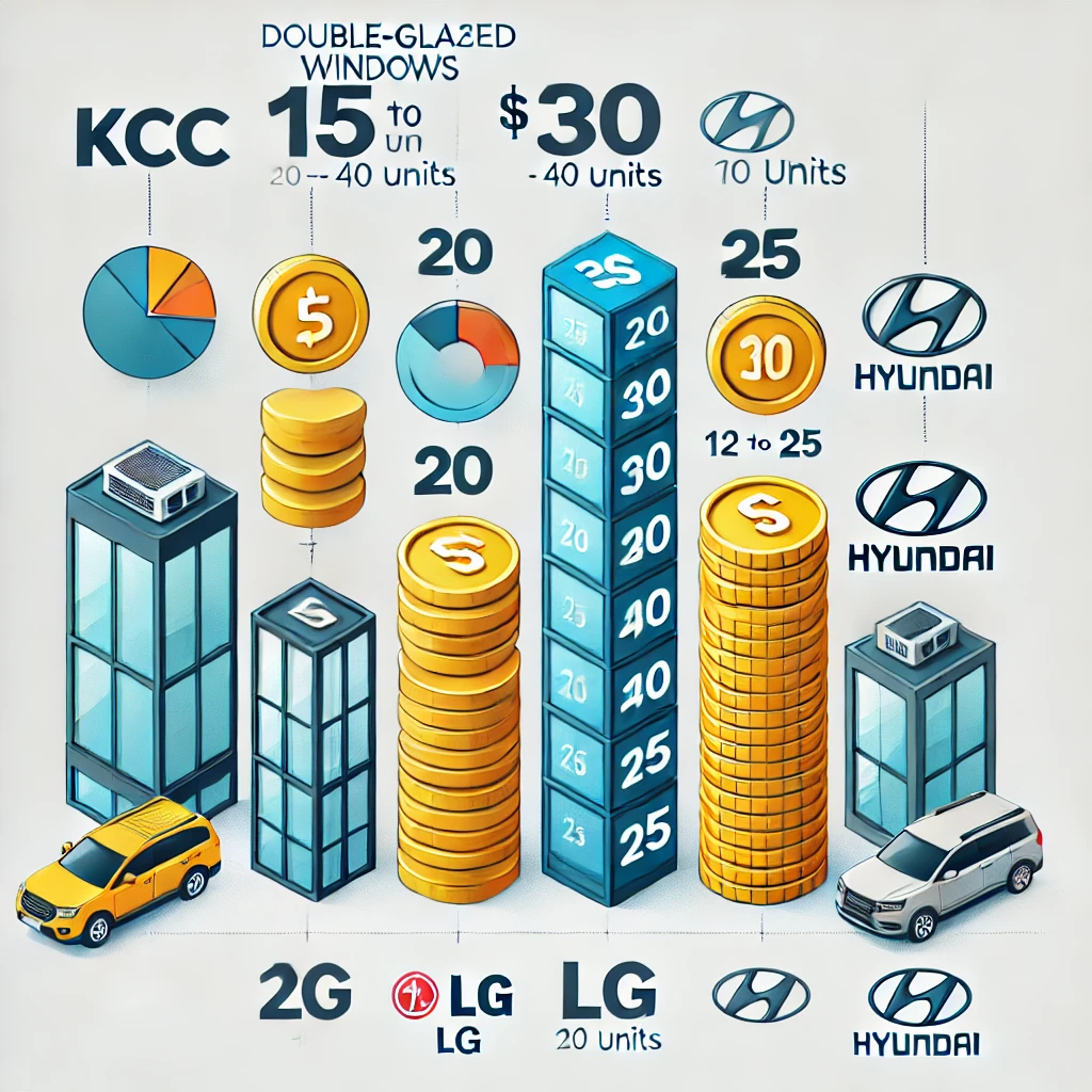 KCC&amp;#44; LG&amp;#44; 현대 이중창의 가격 범위를 비교한 시각적으로 이해하기 쉬운 일러스트레이션.