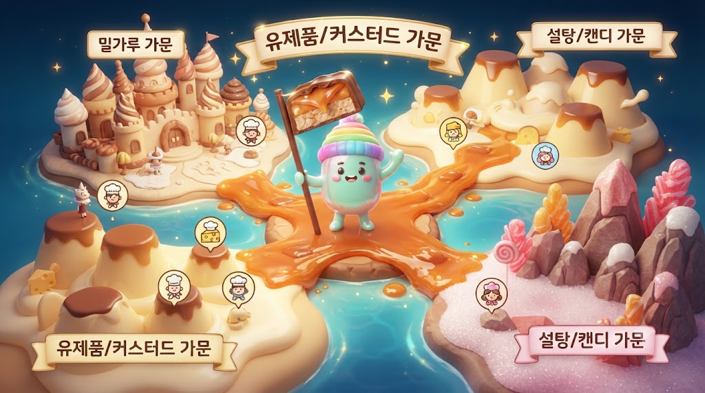 디저트 왕국의 지도입니다. '밀가루', '유제품', '설탕' 가문의 성이 보이고, 그 중앙을 캐러멜 다리가 잇고 있습니다. 쫀쿠가 다리 위에서 세 가문의 재료가 모두 들어간 거대한 캔디바(밀키웨이)를 들어 보이며 활짝 웃고 있습니다