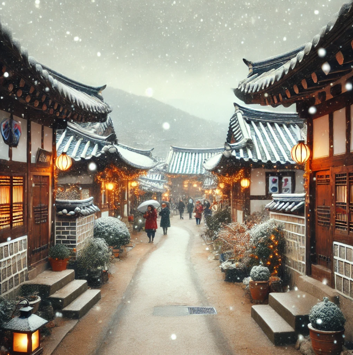 전주 한옥마을의 겨울 풍경을 표현한 이미지