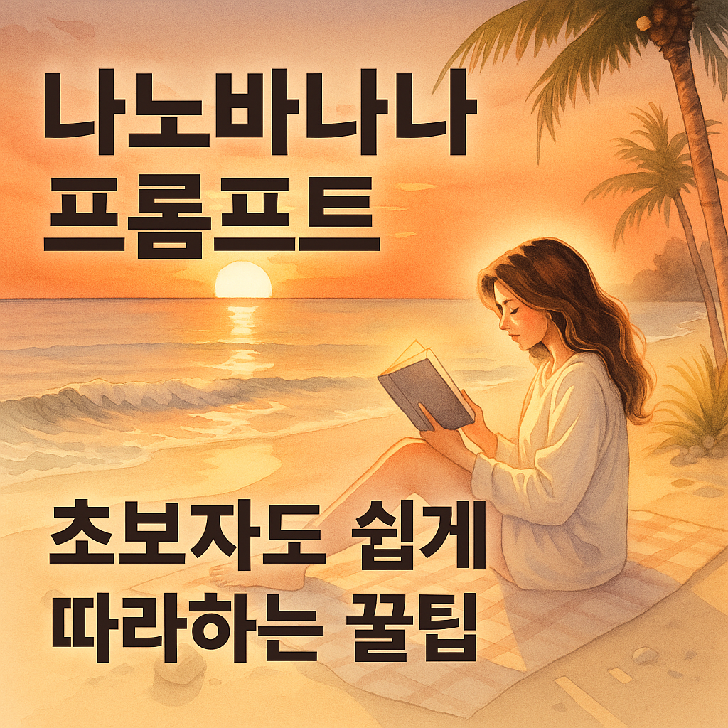 나노바나나 프롬프트 꿀팁을 강조한 일러스트 썸네일, 밝고 따뜻한 해변 분위기, 손글씨 느낌의 텍스트가 들어간 이미지