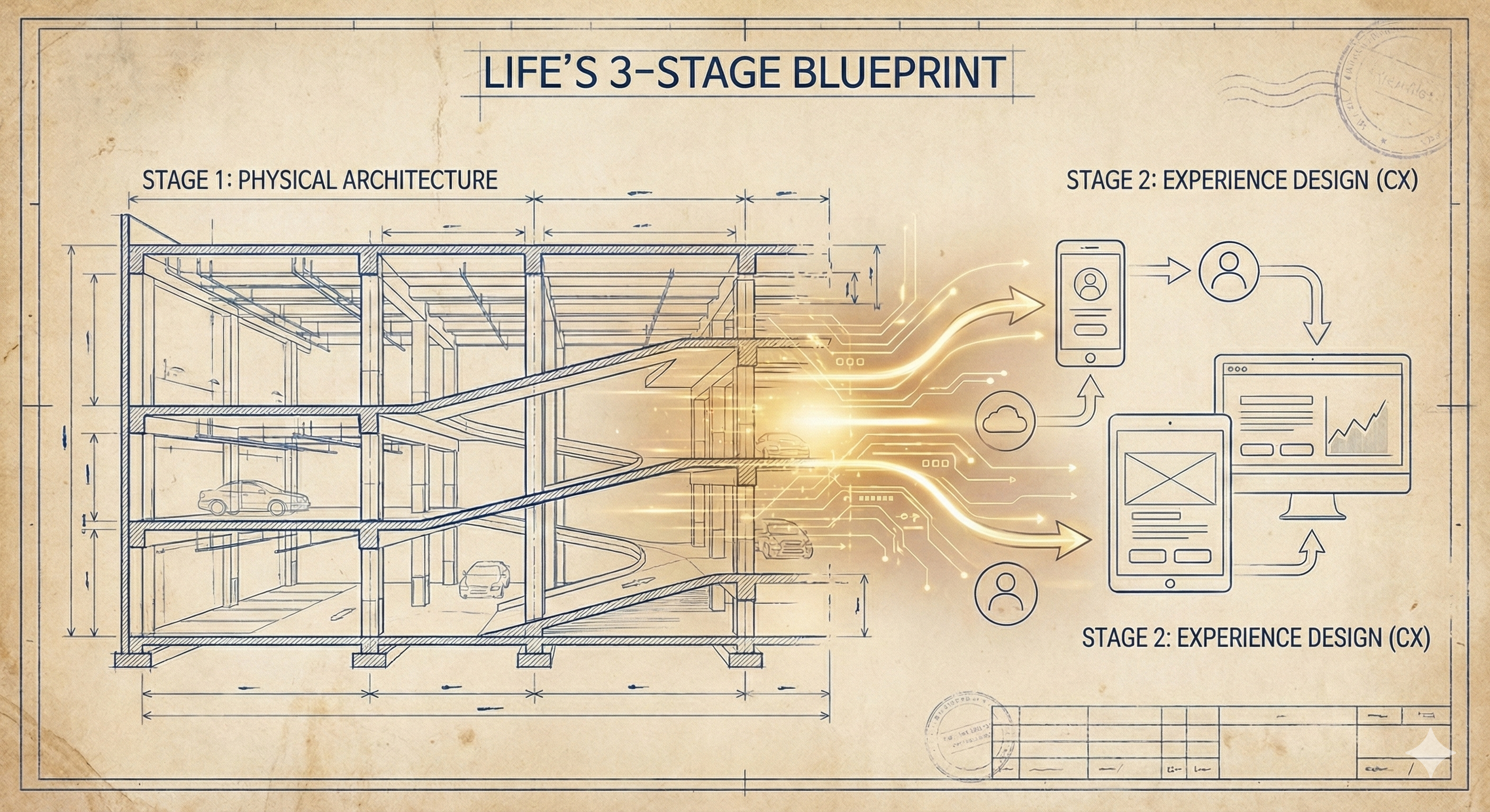 물리적 건축 설계 도면이 디지털 고객 경험(CX) 여정 지도로 변모하는 과정을 청사진 스타일로 시각화한 '인생 3모작 설계도' 이미지