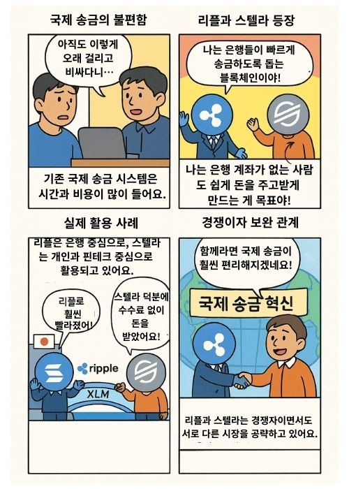 국제 송금의 높은 수수료와 지연 문제, 리플(XRP)과 스텔라(XLM)의 등장, 일본–필리핀 은행 송금과 아프리카 가족 송금 사례, 마지막은 리플·스텔라가 협력하며 국제 송금 혁신을 상징하는 4컷 만화