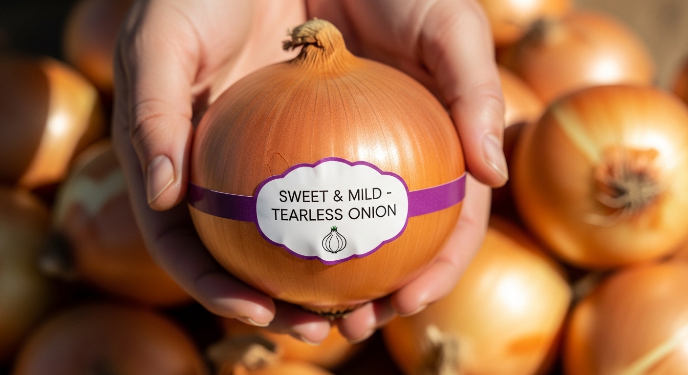 '눈물 없는 양파' 품종인 써니언스를 들고 있는 손의 클로즈업