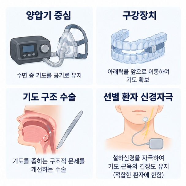 양압기와 구강장치, 수술, 설하신경 자극치료의 특징을 비교한 이미지