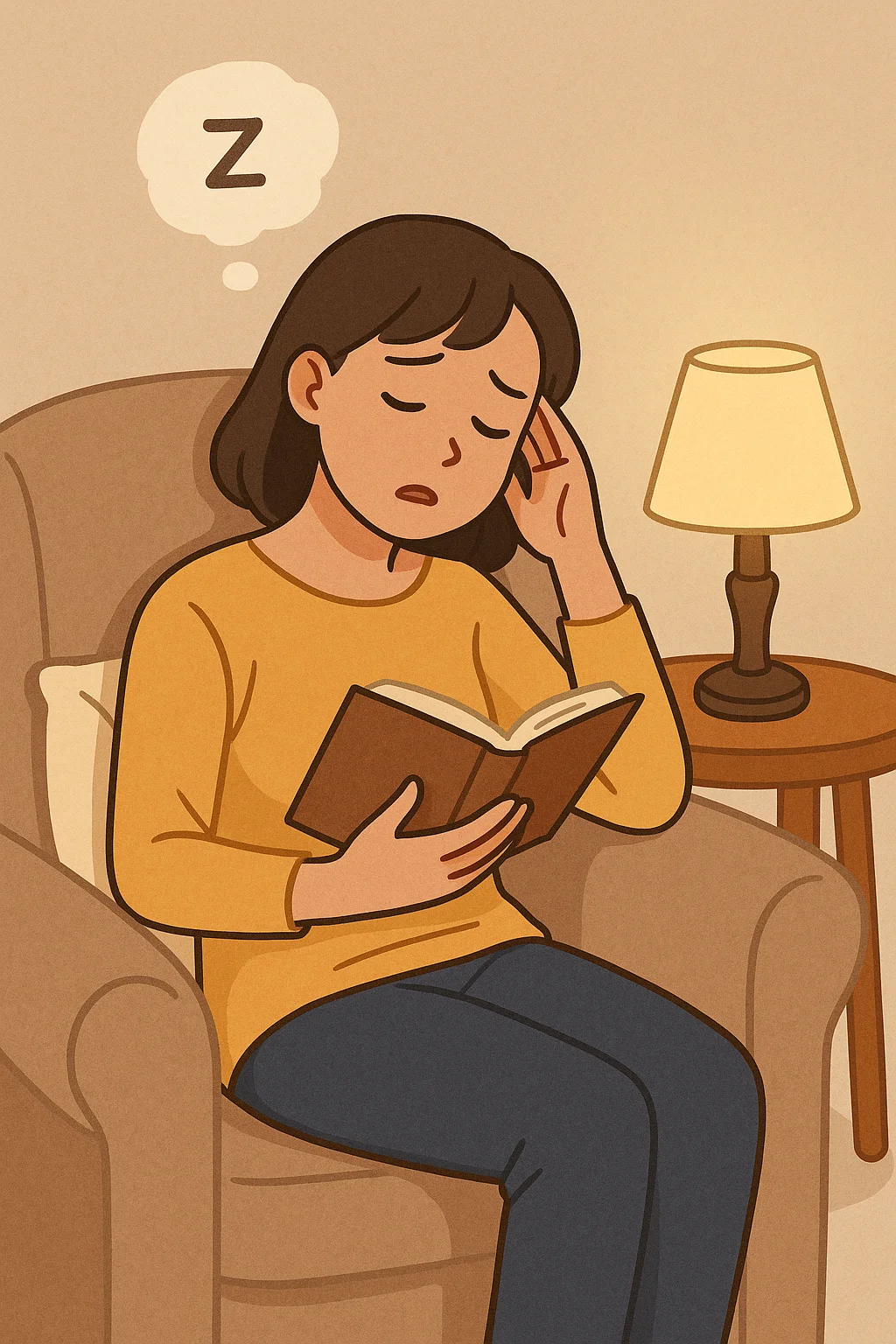 조용한 방에서 책을 읽다가 졸고 있는 젊은 여성의 일러스트, 책을 읽으면 잠이 오는 사람의 특징을 표현