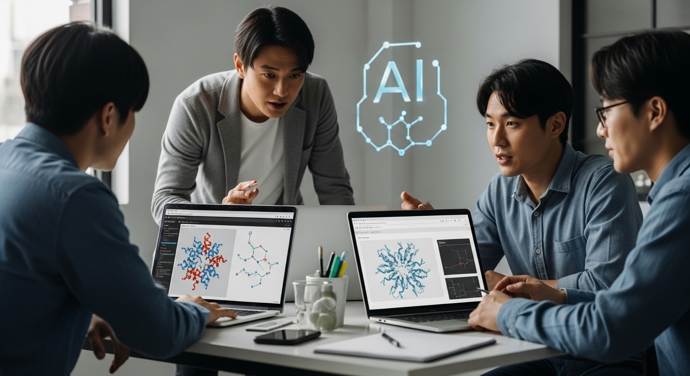 A Korean startup team in a biotech workspace brainstorming AI-powered drug discovery strategies