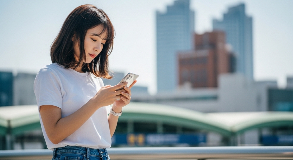 부산 지하철역 근처에서 휴대폰으로 신청 중인 여성