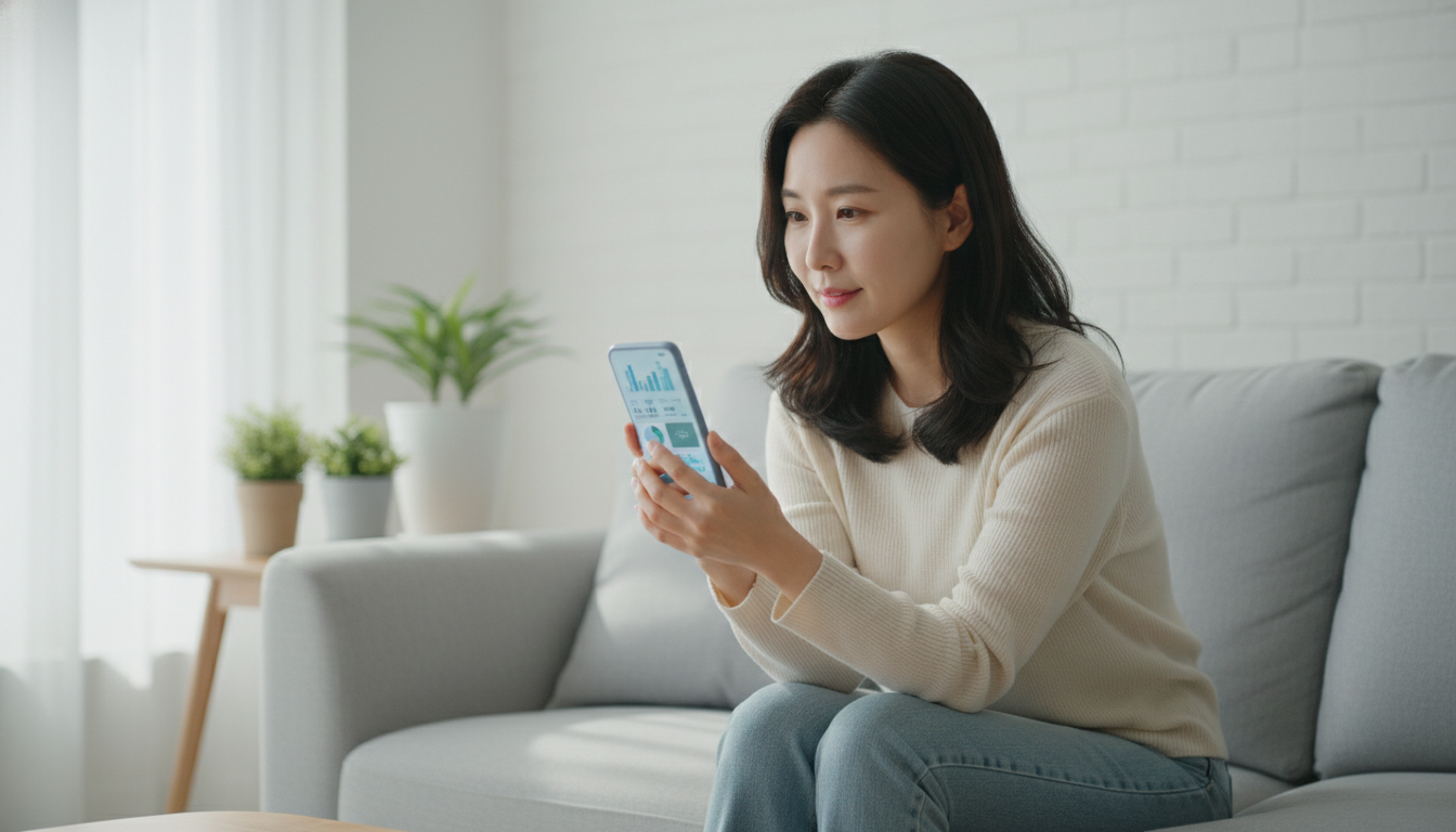 한국 여성이 스마트폰 손택스 앱으로 환급금 내역을 확인하고 있는 모습.