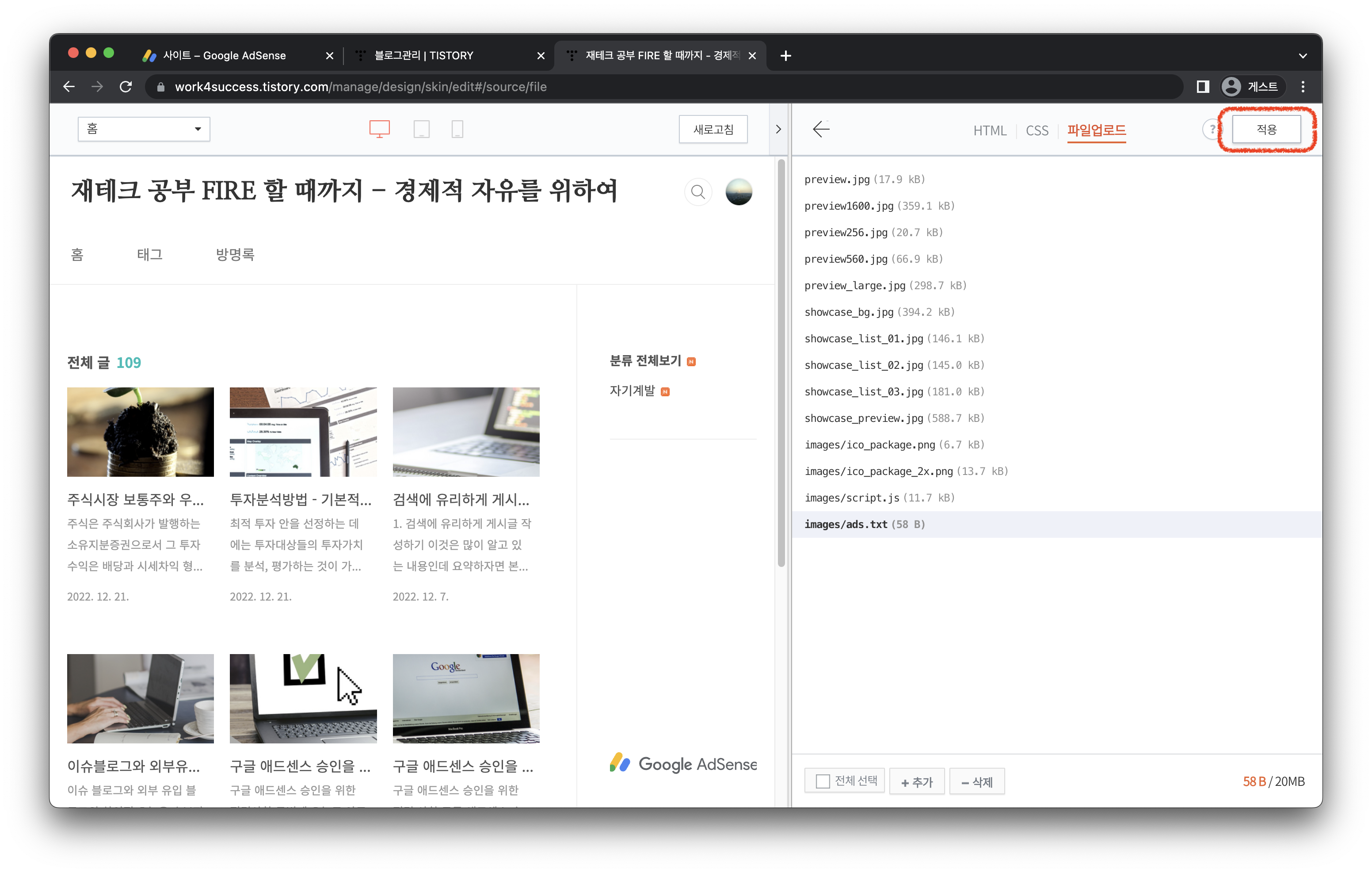 ads.txt .파일 적용하는 화면
