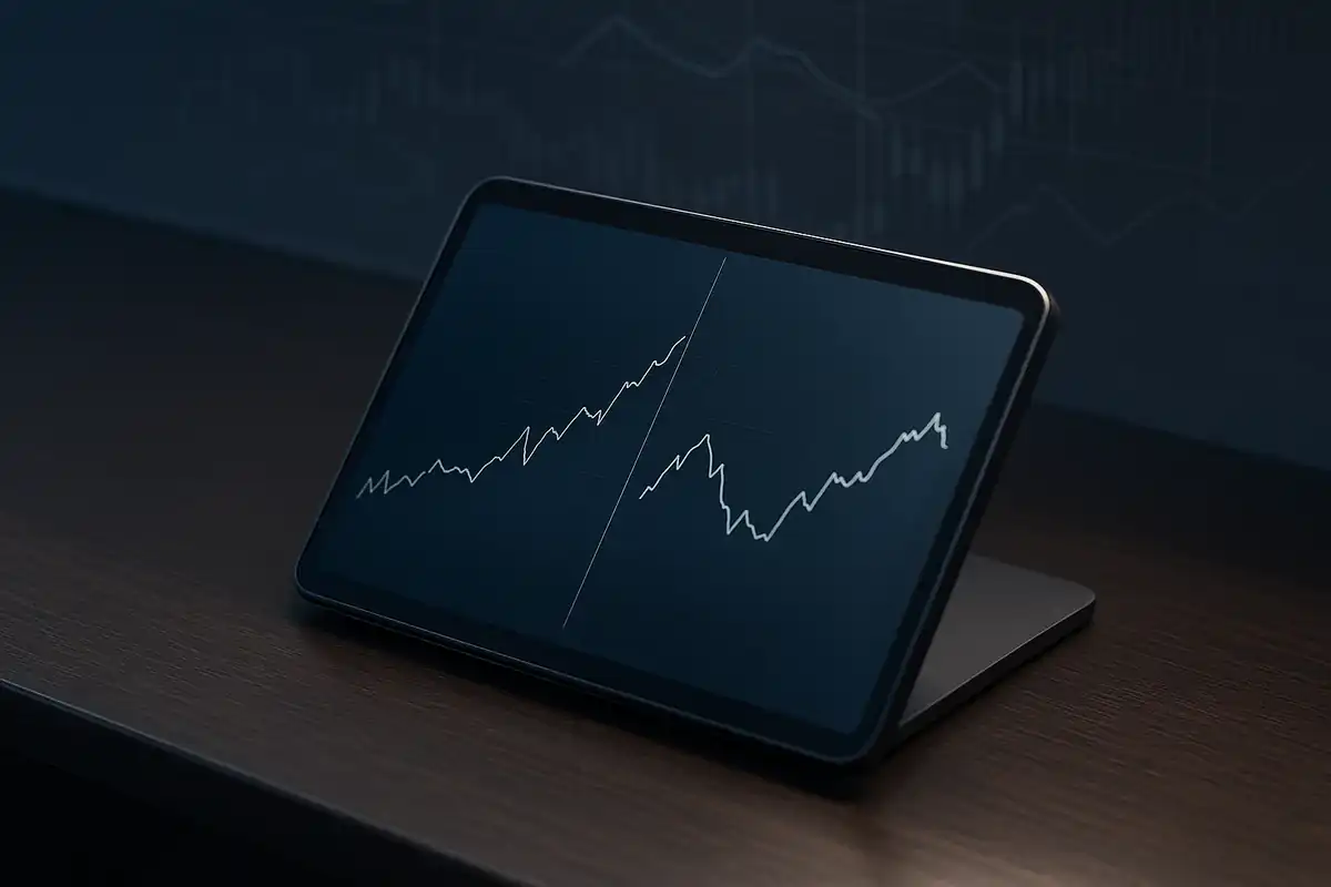 태블릿 화면의 주식 시장 차트