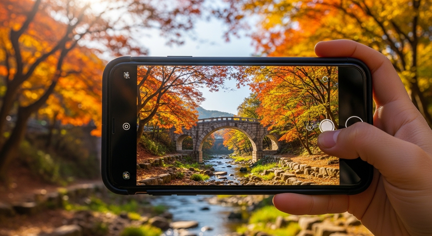 스마트폰으로 촬영 중인 가을 단풍으로 둘러싸인 전통 석조 다리, 다리 아래로 개울이 흐르는 모습