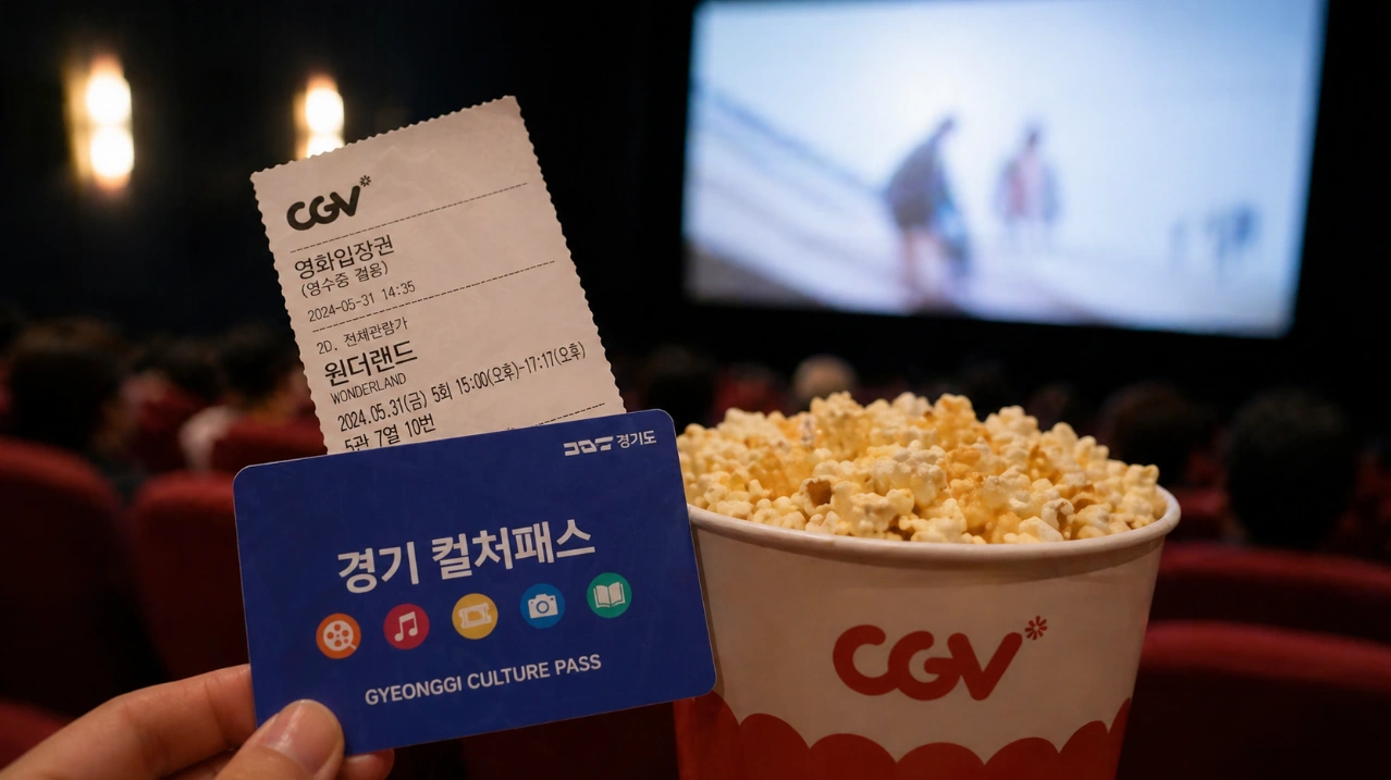 팝콘과 영화 티켓이 그려진 이미지로, 경기 컬처패스를 이용한 영화 관람을 상징합니다.