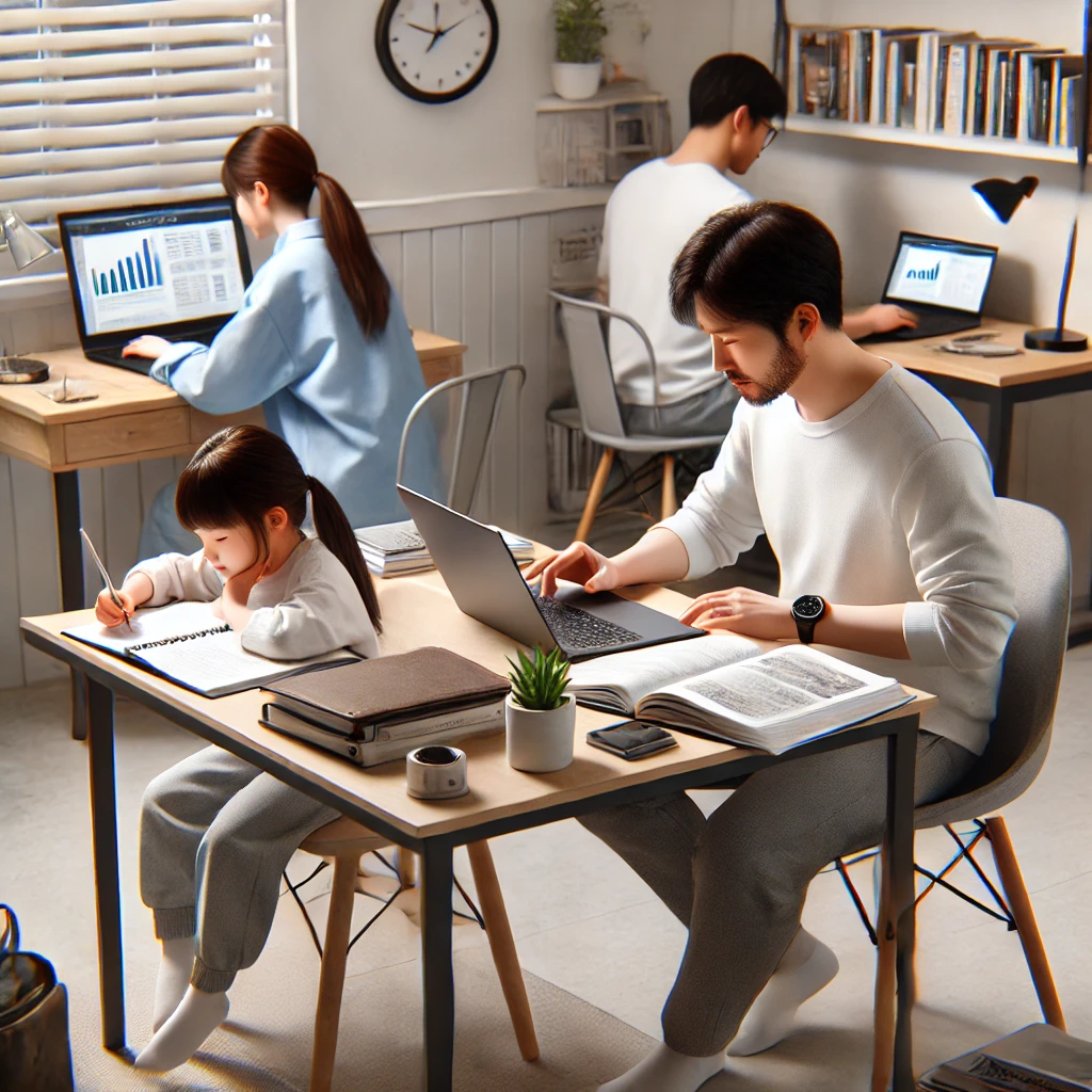 아버지가 딸과 같은 책상에서 작업하는 모습. 아버지는 노트북으로 프레젠테이션을 준비하고 있으며&amp;#44; 딸은 공책에 숙제를 하고 있습니다. 방은 아늑한 홈오피스 느낌으로 꾸며져 있습니다