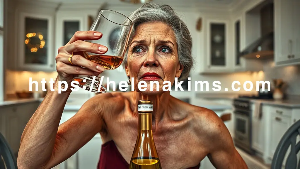 주방 식탁 위에 술병이 놓여 있고 술잔을 들고 술을 마시는 여성, 피부가 메마르고 갈라지며 깊은 주름이 선명하게 나타나는 얼굴.