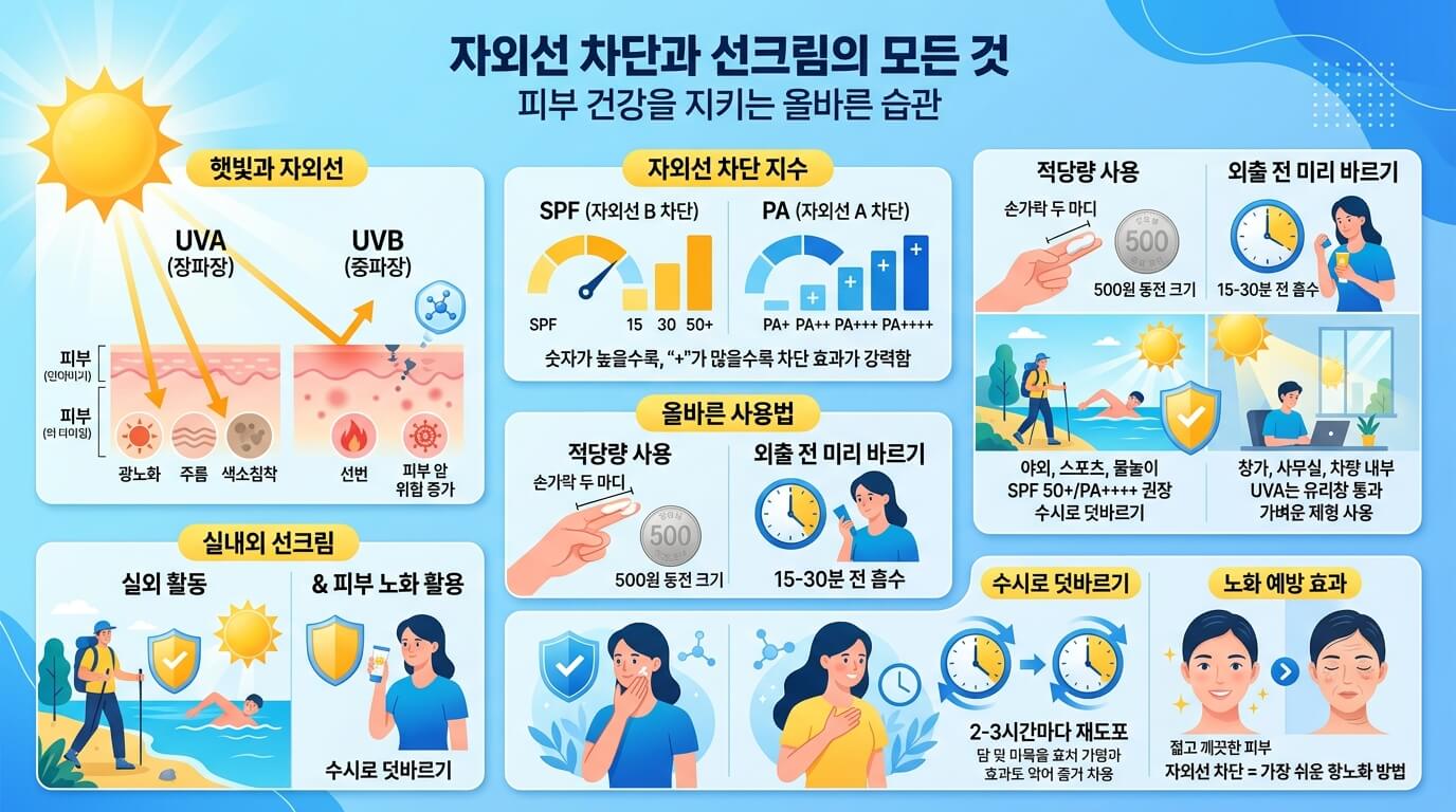 자외선 차단제의 필요성과 SPF PA 의미를 설명하는 인포그래픽