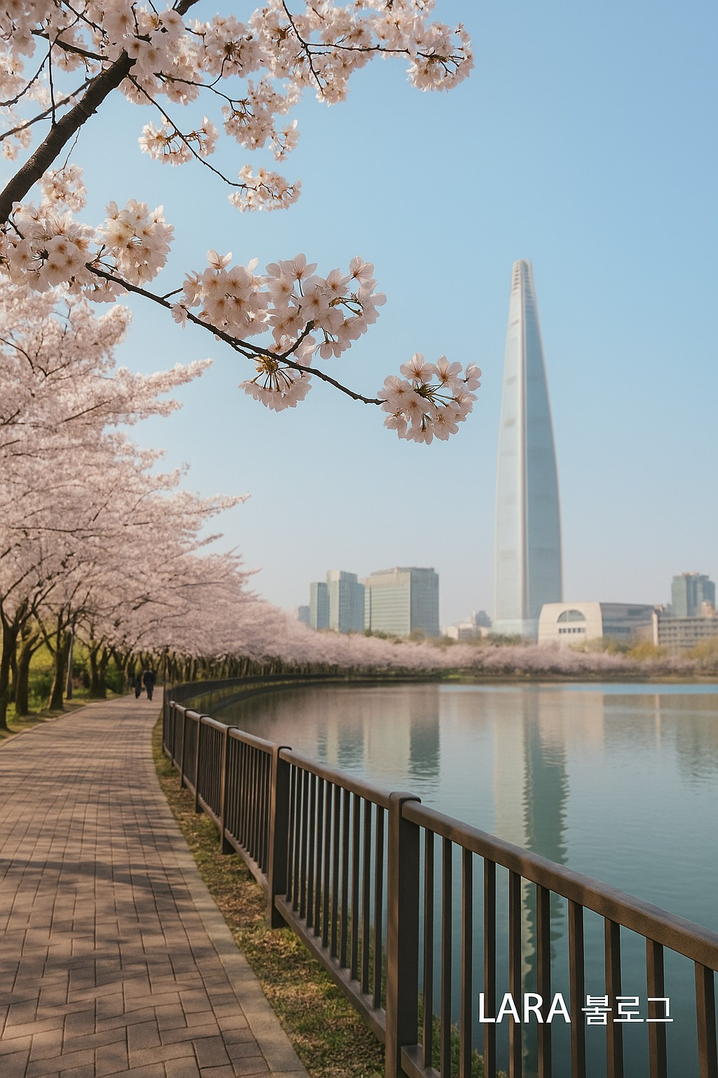 "벚꽃이 흐드러지게 핀 석촌호수 산책로의 봄 풍경"