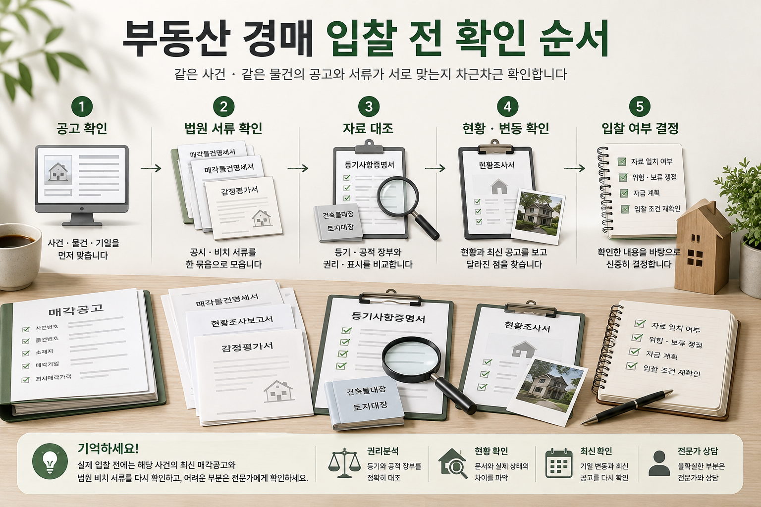 부동산 경매 입찰 전 확인 순서를 공고&middot;법원 서류&middot;자료 대조&middot;현황 확인&middot;입찰 결정 단계로 정리