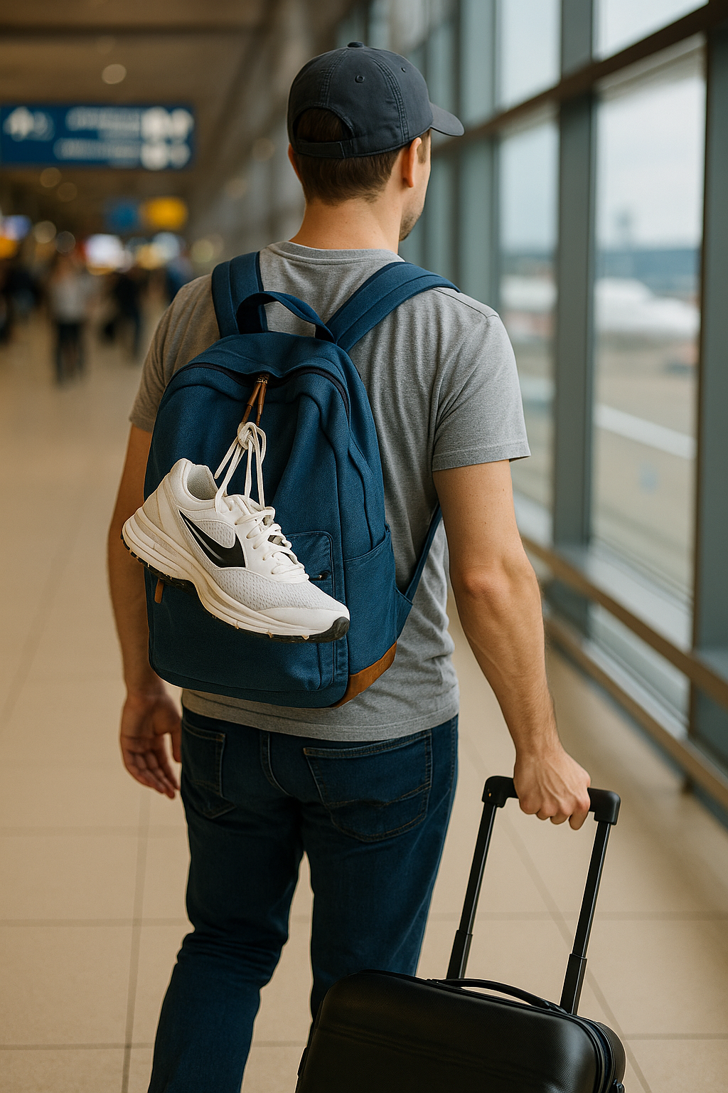 공항에서 러닝화를 배낭에 걸고 여행 가방을 끌며 걷는 마라톤 참가자 모습의 실사 이미지.