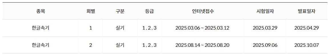 한글속기 년간 시험 일정