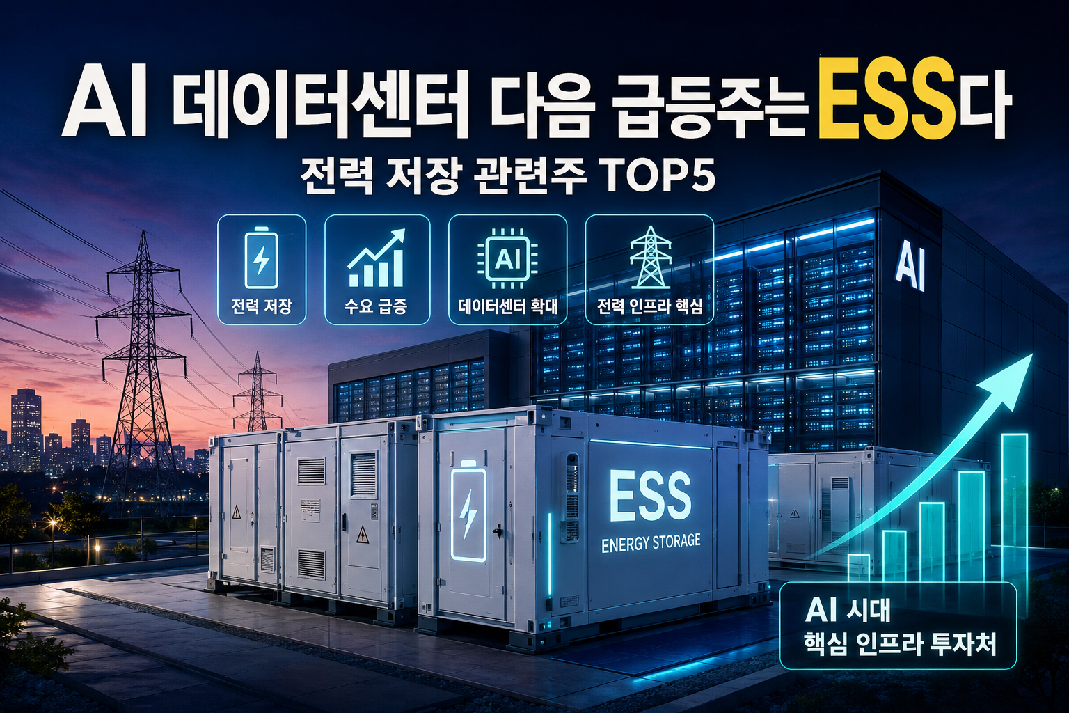 AI 데이터센터 시대 ESS 배터리와 전력 저장 관련주를 설명하는 대표 이미지