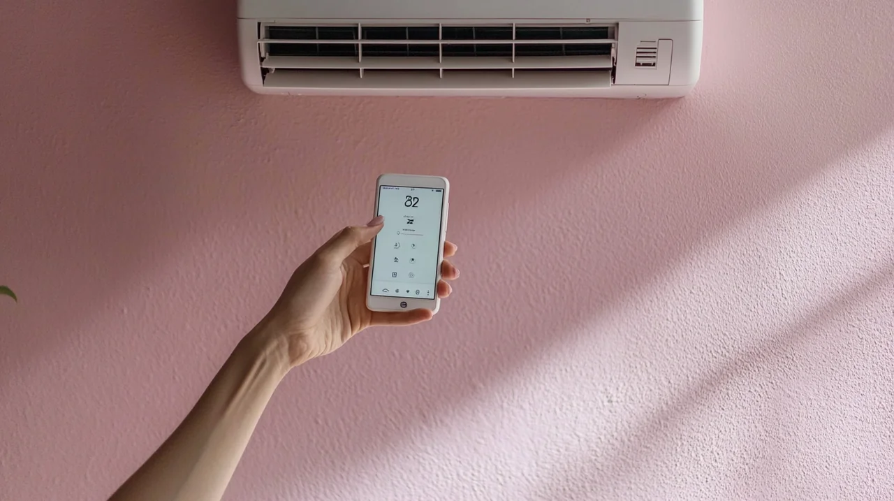 사용자가 스마트폰 앱을 통해 무풍 에어컨을 원격으로 조작하며, 현대적 우아함과 기술이 어우러진 스마트한 라이프 스타일을 보여준다.