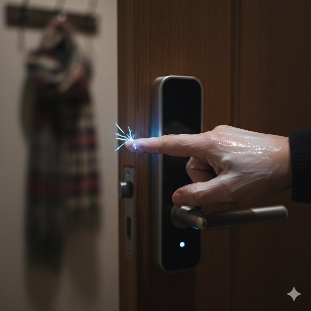 어두운 실내 조명 아래 핸드크림이 하얗게 발려 유분기가 도는 손가락 끝이 디지털 도어락의 금속 측면에 닿는 순간 파란색 정전기 스파크가 발생하는 모습이에요. 배경에는 겨울 분위기를 풍기는 체크무늬 목도리가 걸려 있으며, 차가운 금속 소재의 도어락과 대비되는 촉촉한 피부의 질감이 강조된 실사 이미지에요.
