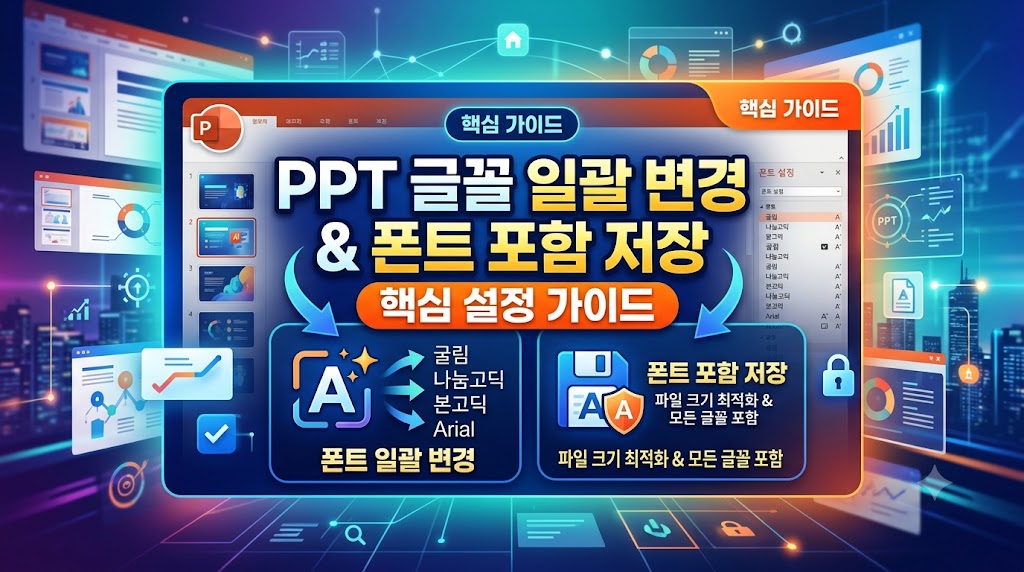 마이크로소프트 파워포인트 화면에서 글꼴 바꾸기 메뉴와 파일 옵션 창이 열려 있는 모습