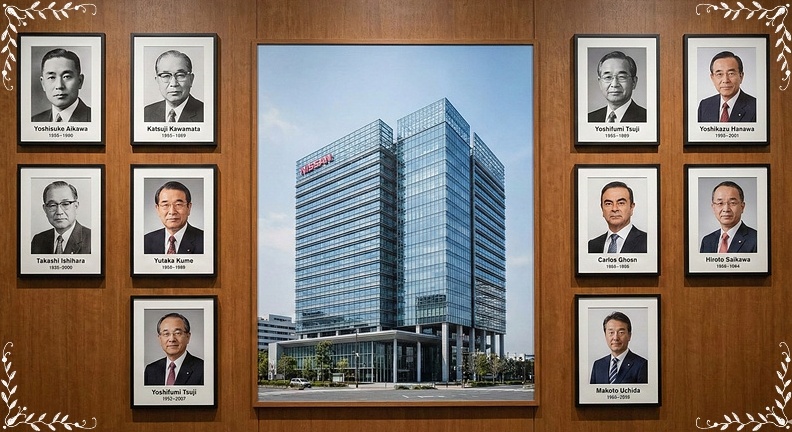 닛산 자동차 본사 요코하마 건물과 역대 CEO 사진 콜라주