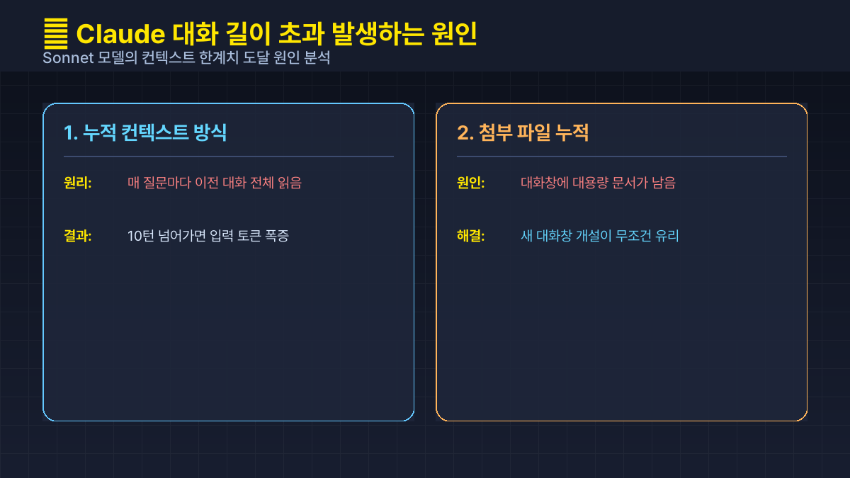 Claude 대화 길이 초과 발생 원인 카드뉴스