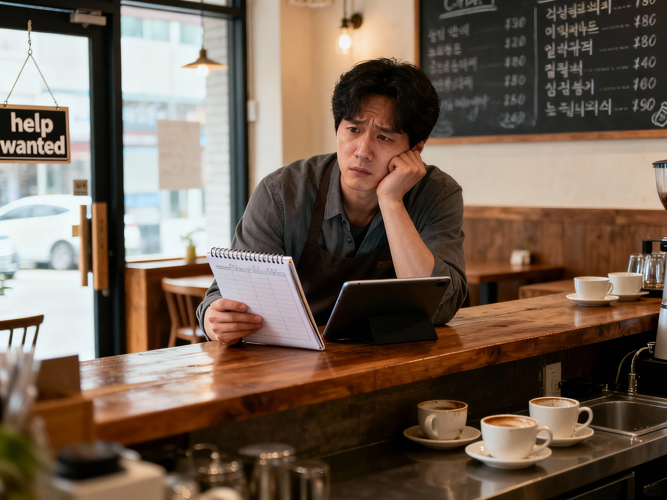 최저임금 인상으로 인한 운영 부담을 고민하며 장부를 확인하는 소규모 한국 카페 사장님의 모습
