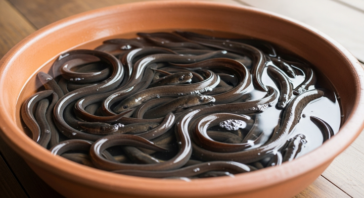 싱싱한 장어가 큰 대야에 담겨 있습니다.