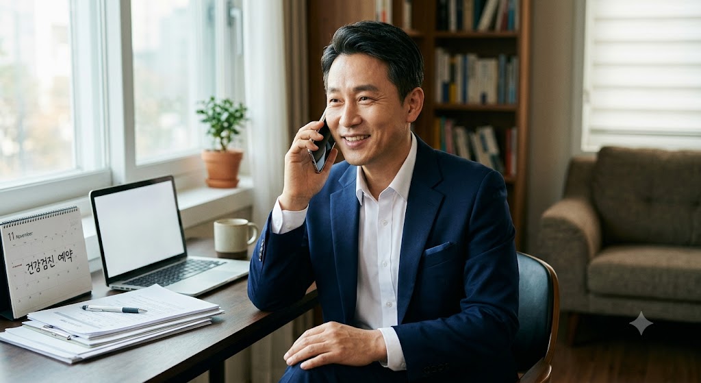 건강검진을 하기 위해 전화 예약하는 직장인