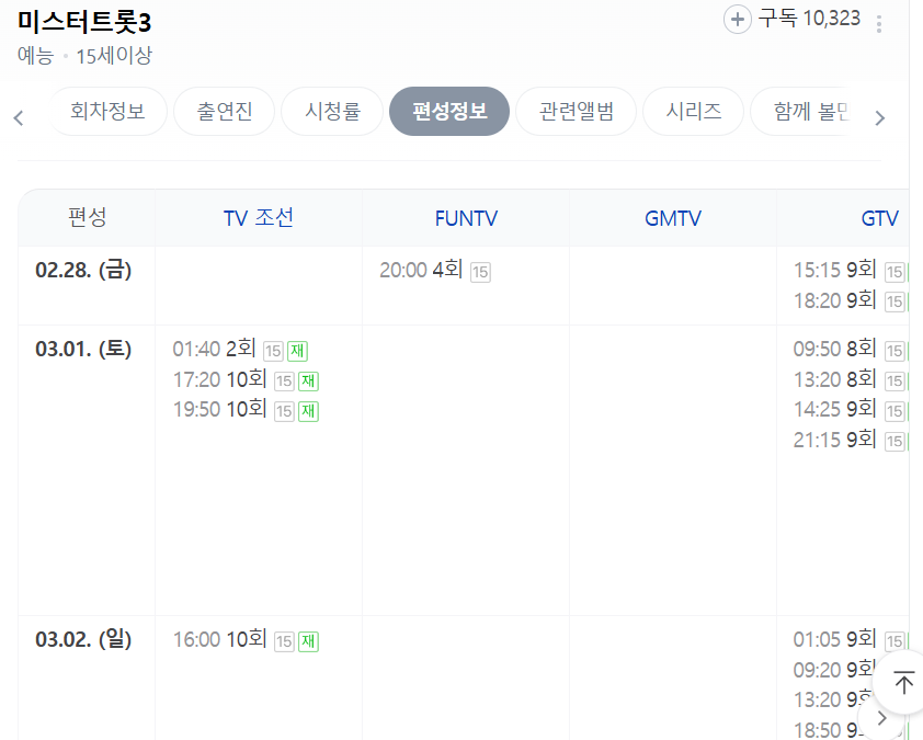 미스터트롯3 재방송시간 10회 시청률 명장면