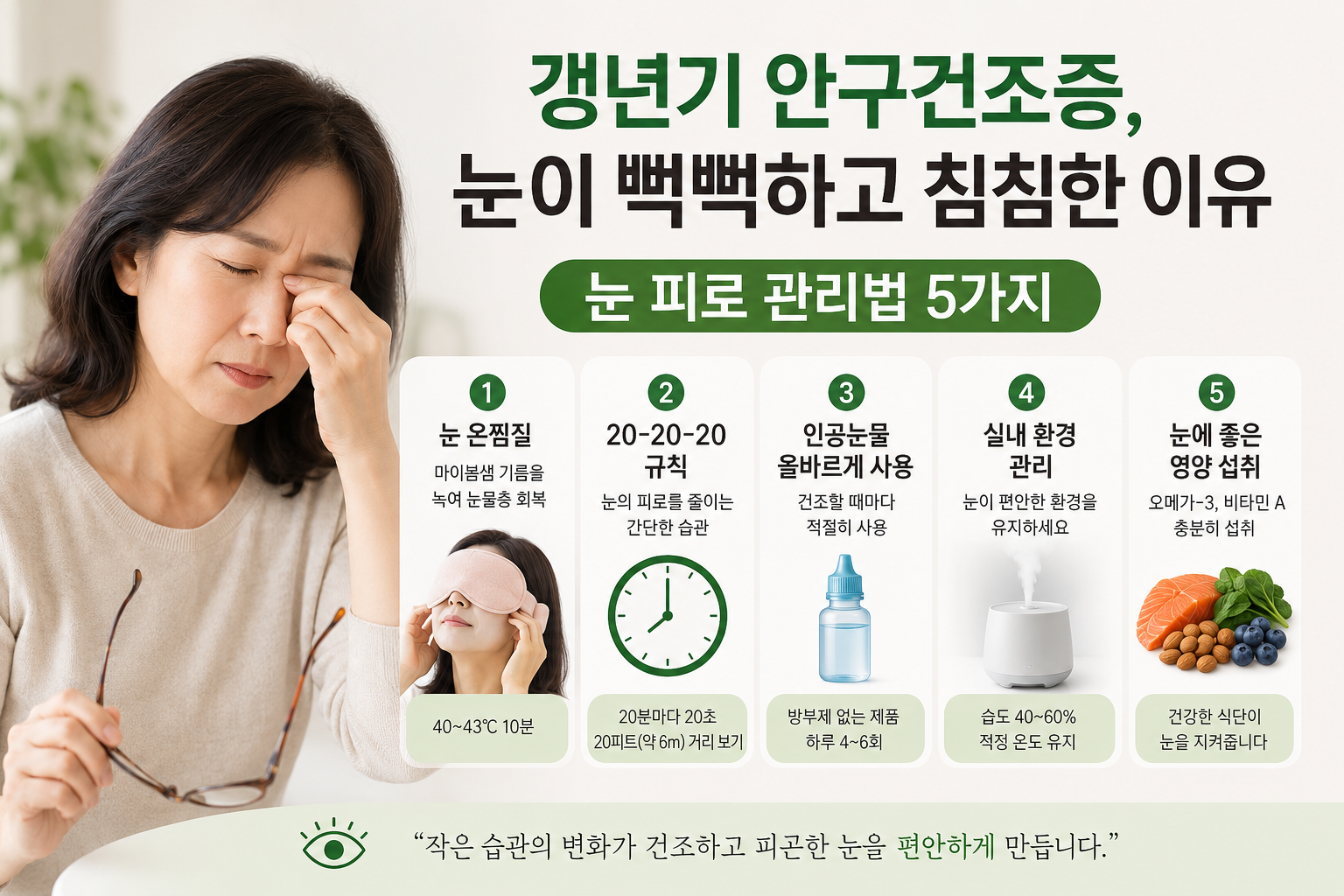 노트북 앞에서 눈을 비비며 피로를 느끼는 중년 여성, 갱년기 안구건조증 증상