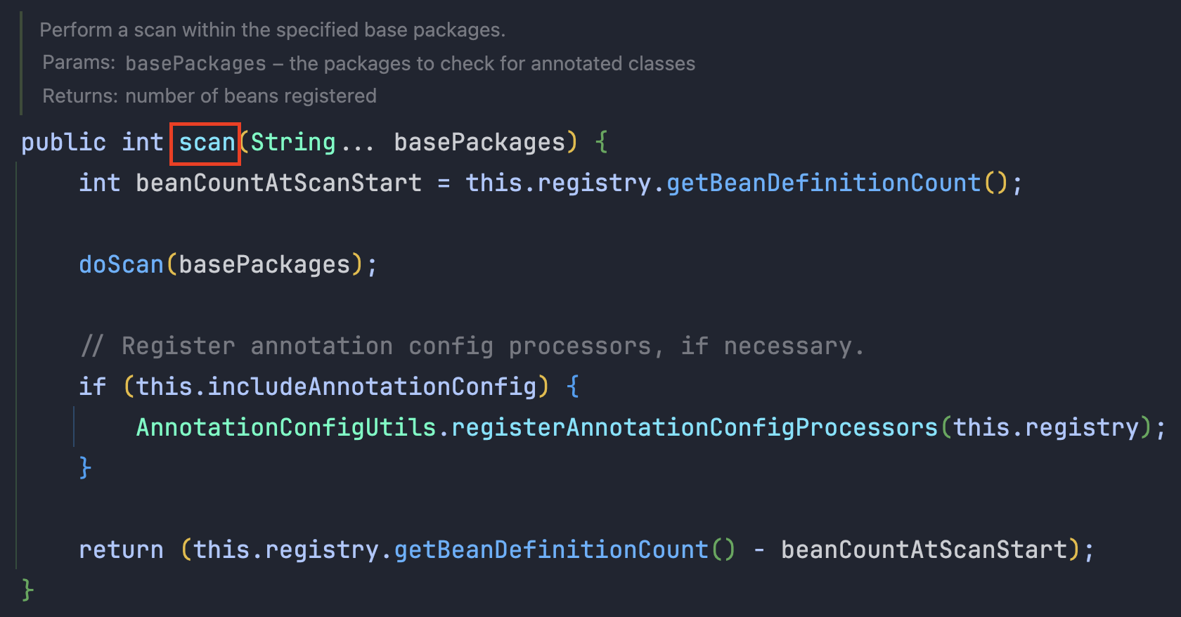 ClassPathBeanDefinitionScanner 클래스의 scan 메서드 호출
