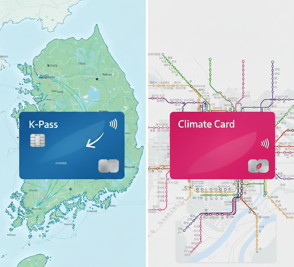 K-패스와 서울 기후동행카드를 비교하는 썸네일 이미지. 왼쪽은 K-패스 카드와 전국 지도, 오른쪽은 기후동행카드와 서울 지도를 보여준다.