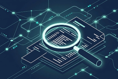A minimalist flat illustration of a digital AI system scanning financial documents and bank statements. Abstract visualization: a magnifying glass icon over a document with transaction lines, with a glowing network of nodes in the background representing AI analysis