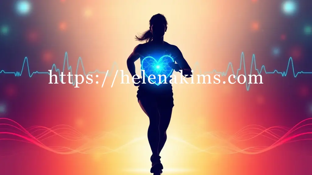 밝고 활기찬 분위기 속에서 조깅, 요가 등 규칙적인 유산소 운동을 하는 사람의 역동적인 실루엣. 이 실루엣의 가슴 부분에는 강하고 건강하게 박동하는 심장이 생기 있게 빛나고 있다.