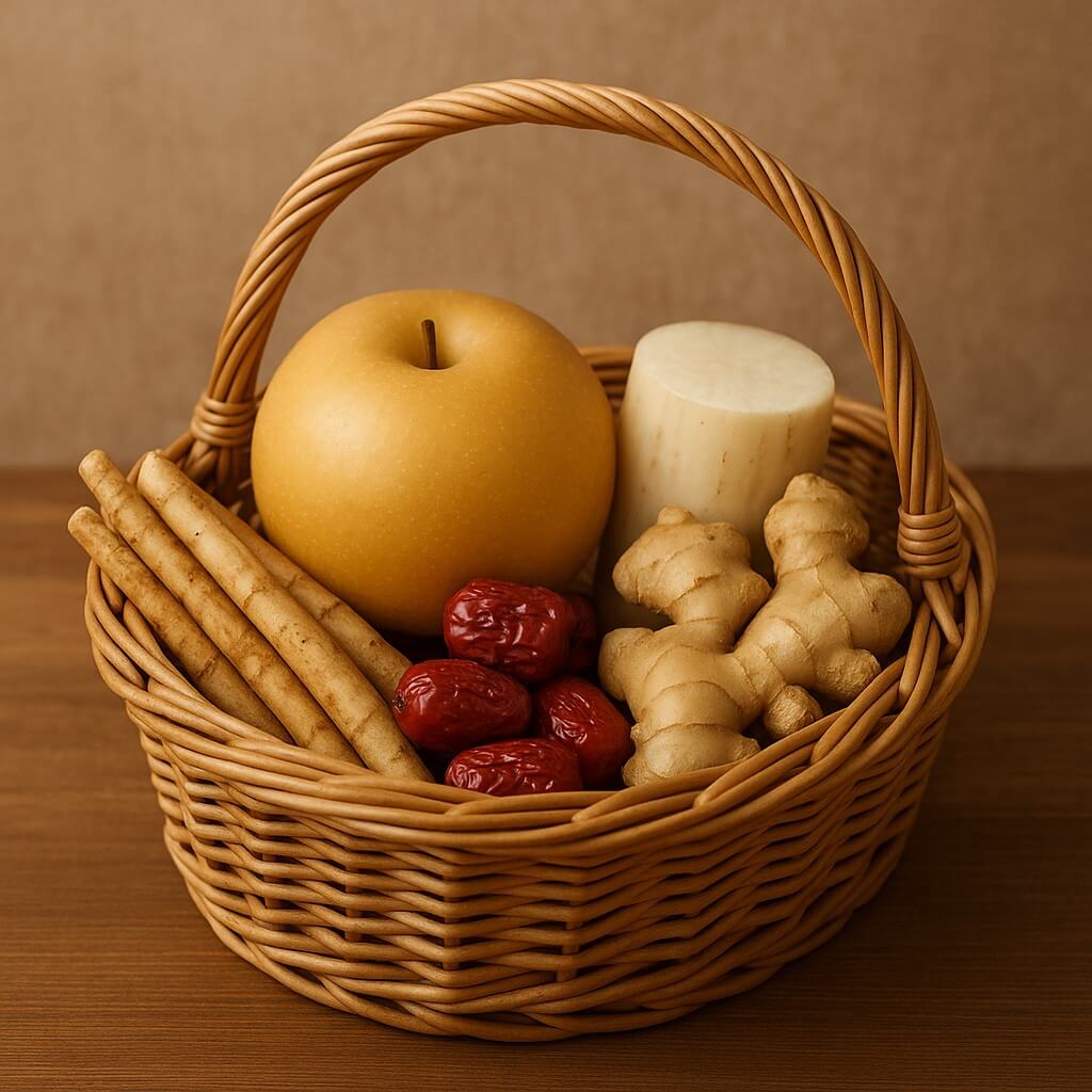 기관지 보호를 위한 재료 모음 -배, 무우,생강,대추