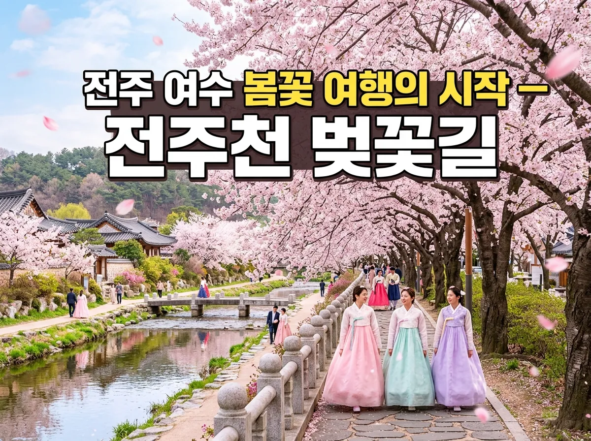 전주 한옥마을 벚꽃이 핀 전주천 산책로와 한복 입은 여행자