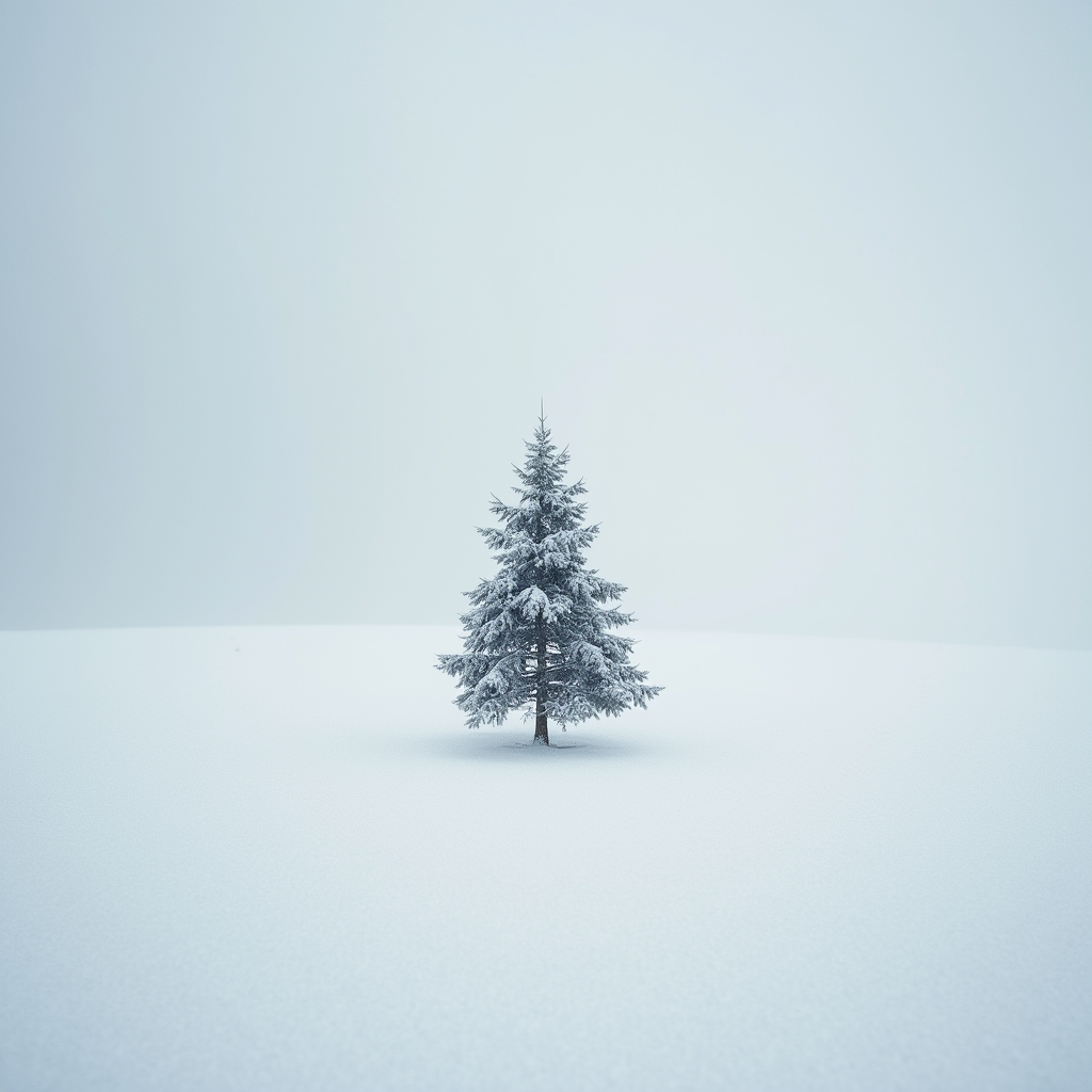 눈이 소복히 쌓인 언덕에 나무 한그루가 있는 풍경